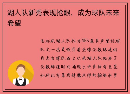湖人队新秀表现抢眼，成为球队未来希望